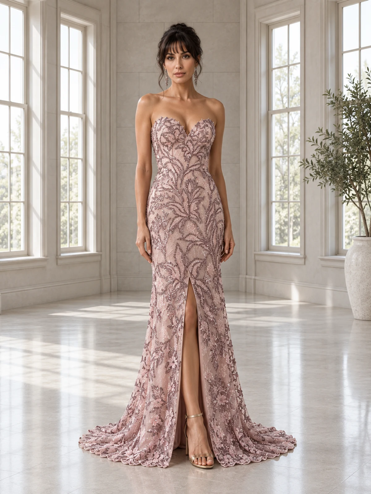 Rose Arabesque: Blush embroidered mesh, fitted column gown, strapless sweetheart neckline, primary view — Josephine Boutique