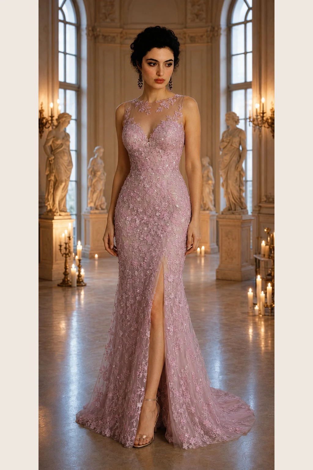 Rose aux Chandelles: Blush floral lace, fitted column gown, illusion sweetheart neckline, primary view — Josephine Boutique