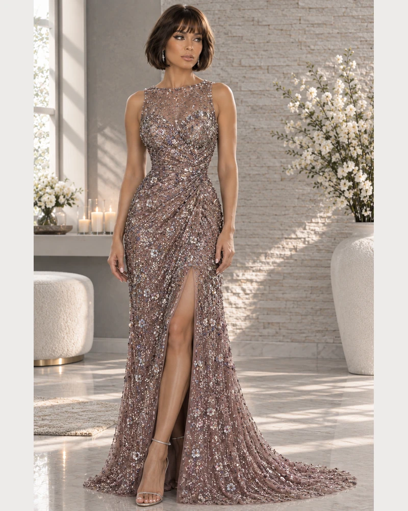 Rose de Cendre: Rose-taupe sequins, fitted column gown, scoop neckline, primary view — Josephine Boutique