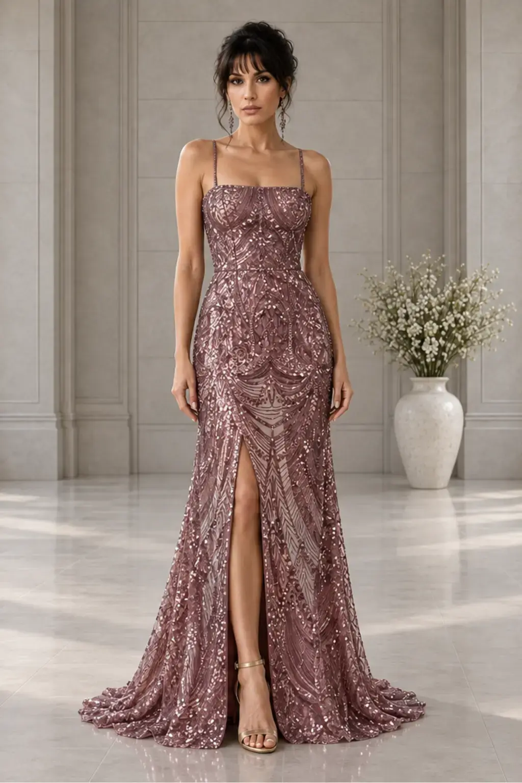 Rose de Minuit: Antique-rose sequins, fitted column gown, straight neckline, primary view — Josephine Boutique