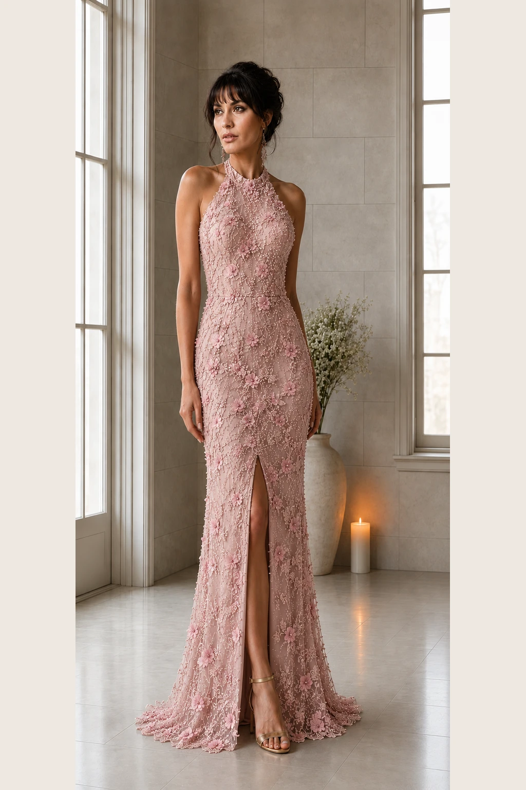 Rose Floréal: Blush floral beadwork, elongated column gown, halter neckline, primary view — Josephine Boutique