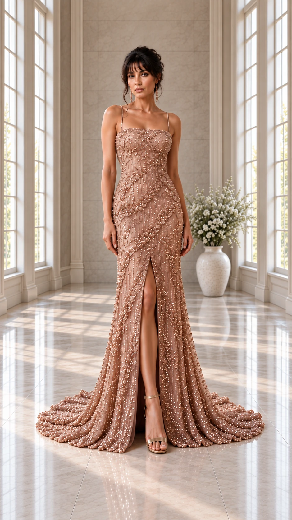 Rosé Lumineux: Rose-gold beaded mesh, elongated column gown, straight neckline, primary view — Josephine Boutique