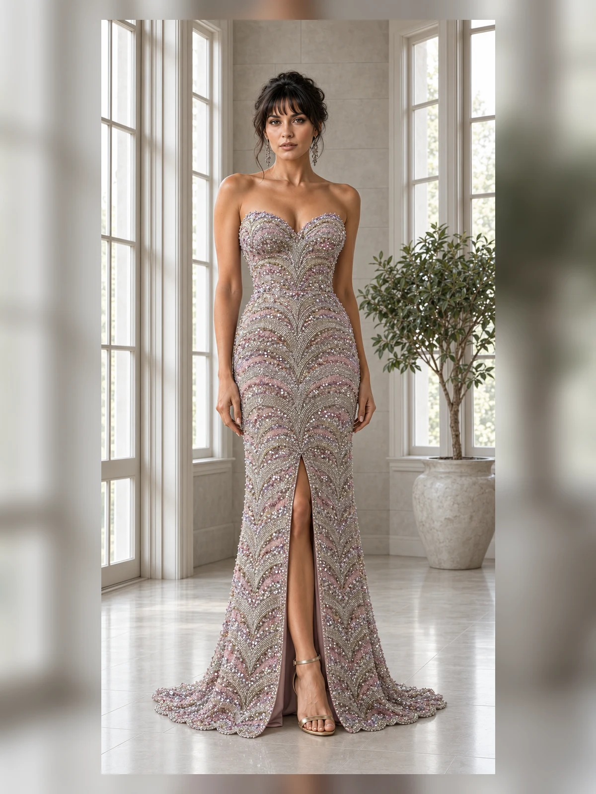 Rose Opaline: Opal-blush sequins, sculpted column gown, strapless sweetheart neckline, primary view — Josephine Boutique