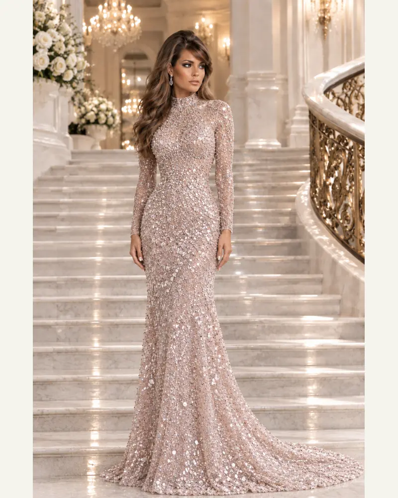 Rosée de Monaco: Blush crystal sequins, long-sleeve column gown, jewel neckline, primary view — Josephine Boutique