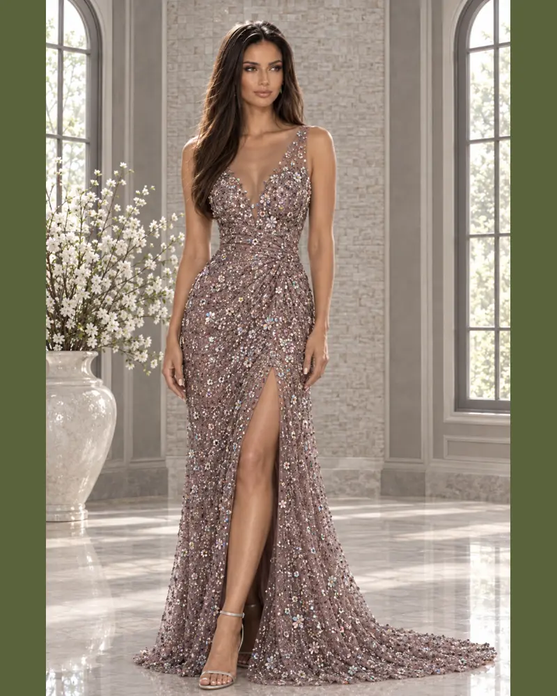 Rosée Florale: Dusty-rose floral crystals, fitted column gown, illusion V-neckline, primary view — Josephine Boutique