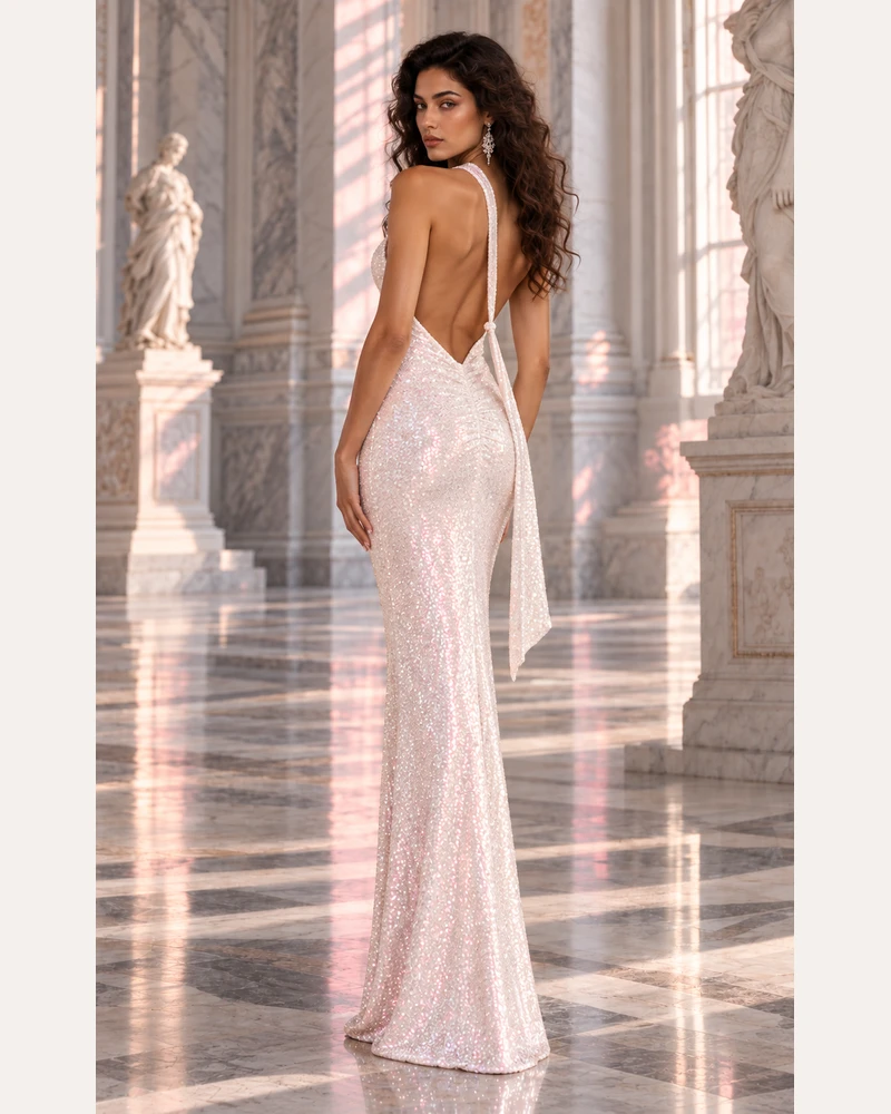 Rosée Scintillante: White sequins, one shoulder, open back, additional view — Josephine Boutique