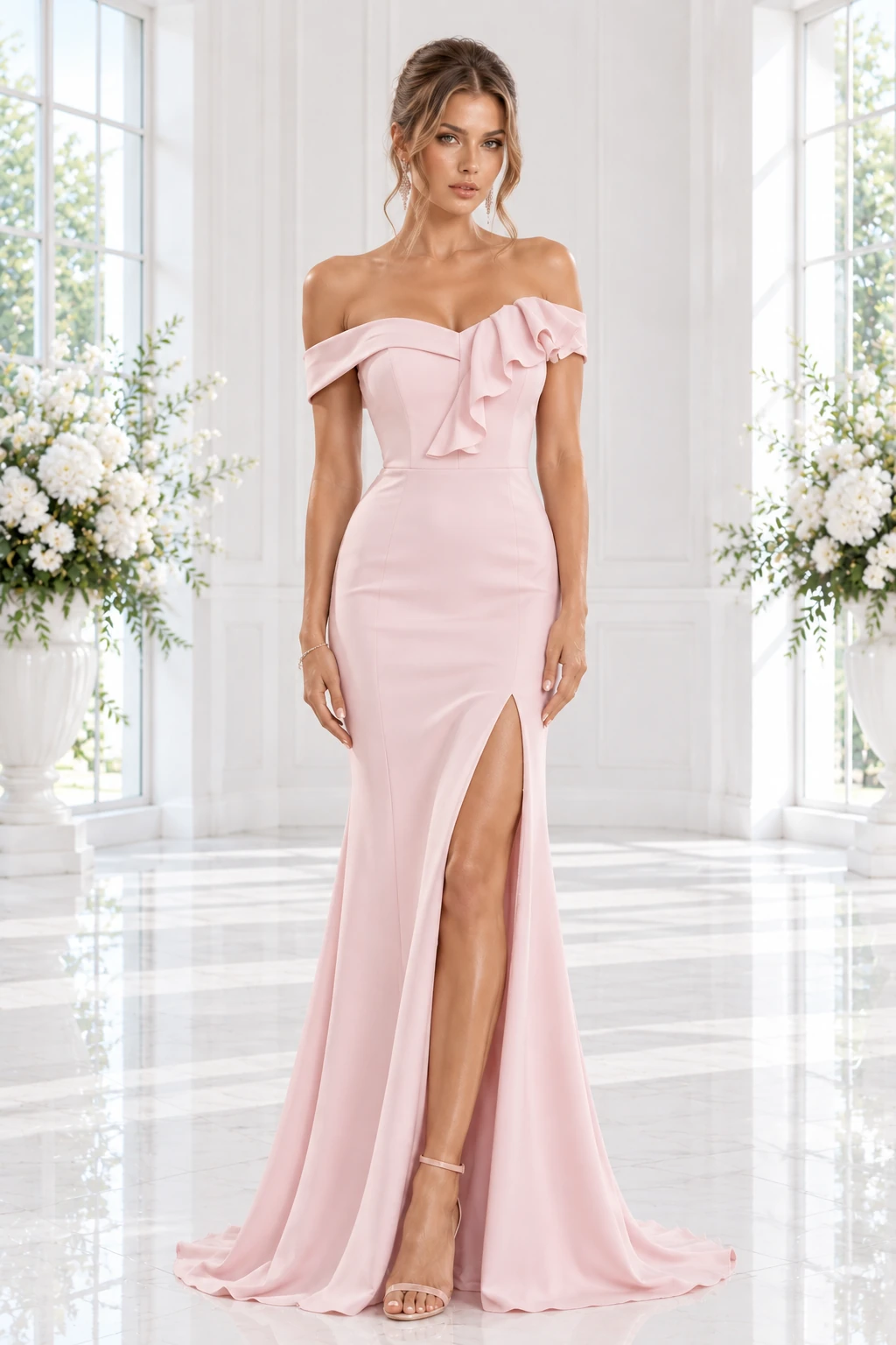 Rosée Volant: Blush satin, fitted mermaid gown, off-shoulder ruffle neckline, primary view — Josephine Boutique