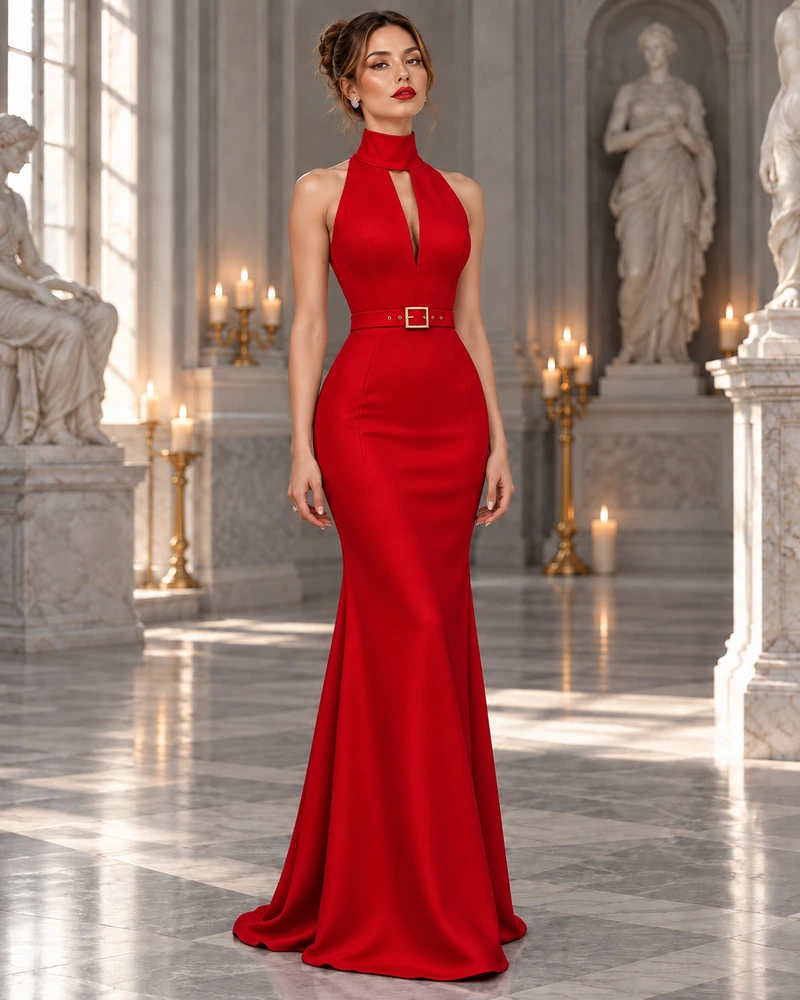 Rouge de Flamme: Hot-red crepe, halter keyhole, gold-buckle belt, primary view — Josephine Boutique