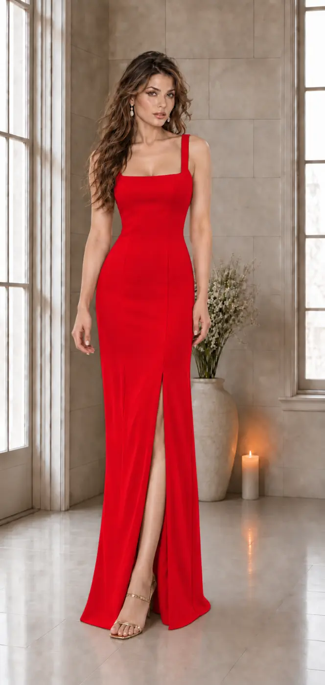 Rouge de Salon: Hot-red crepe, square neckline, front slit, primary view — Josephine Boutique