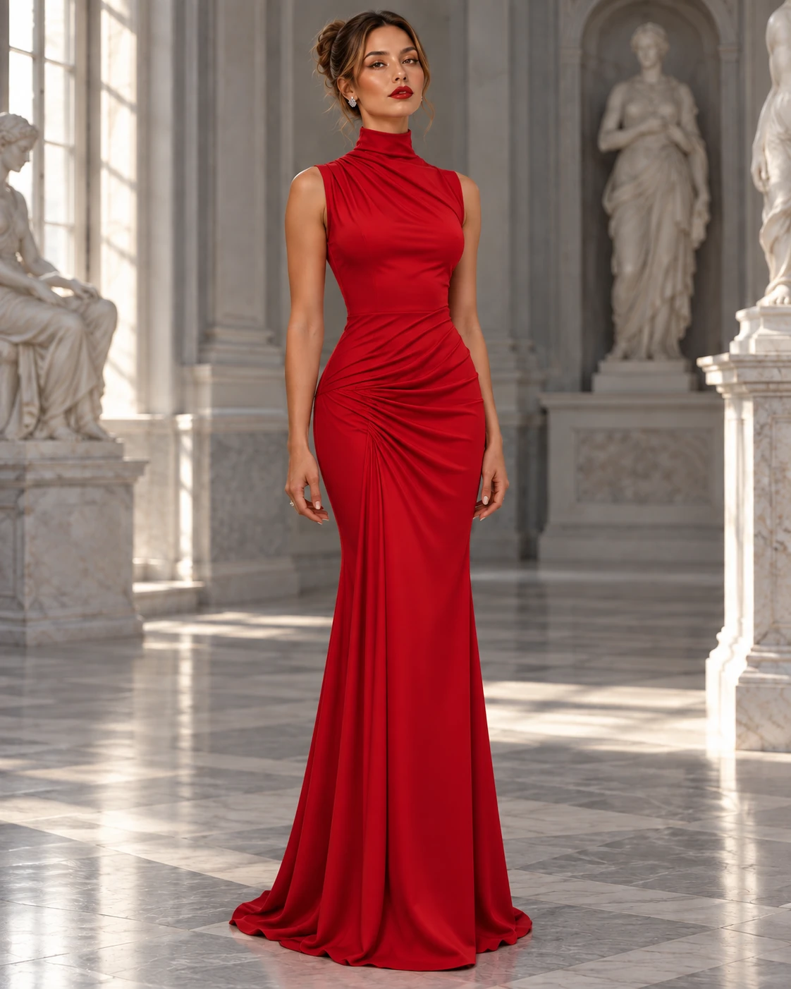 Rouge Drapé: Red draped gown, high neckline, floor-length column, primary view — Josephine Boutique