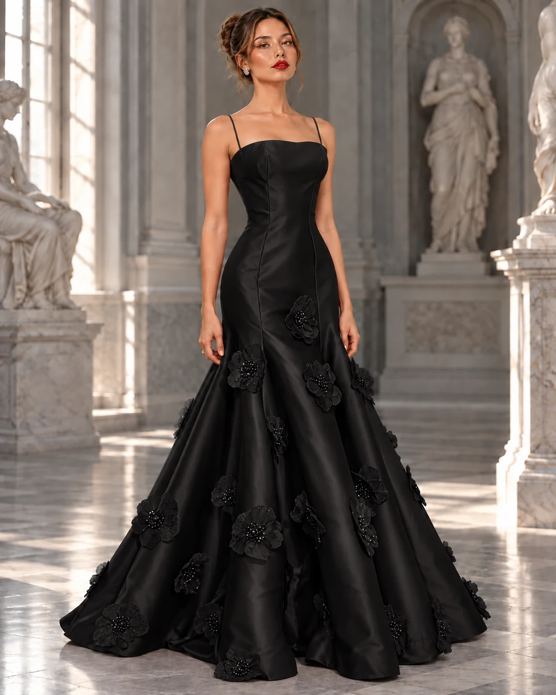 Rouge Fleurie: Black satin, spaghetti straps, floral appliqués, primary view — Josephine Boutique