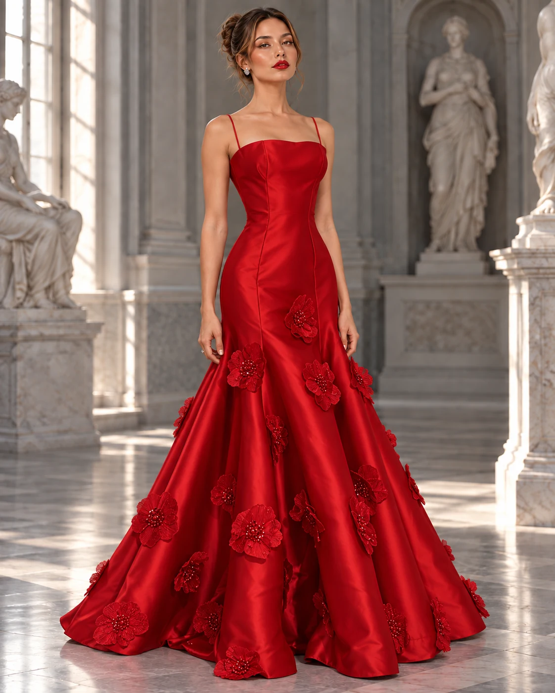 Rouge Fleurie: Hot-red satin, spaghetti straps, floral appliqués, primary view — Josephine Boutique