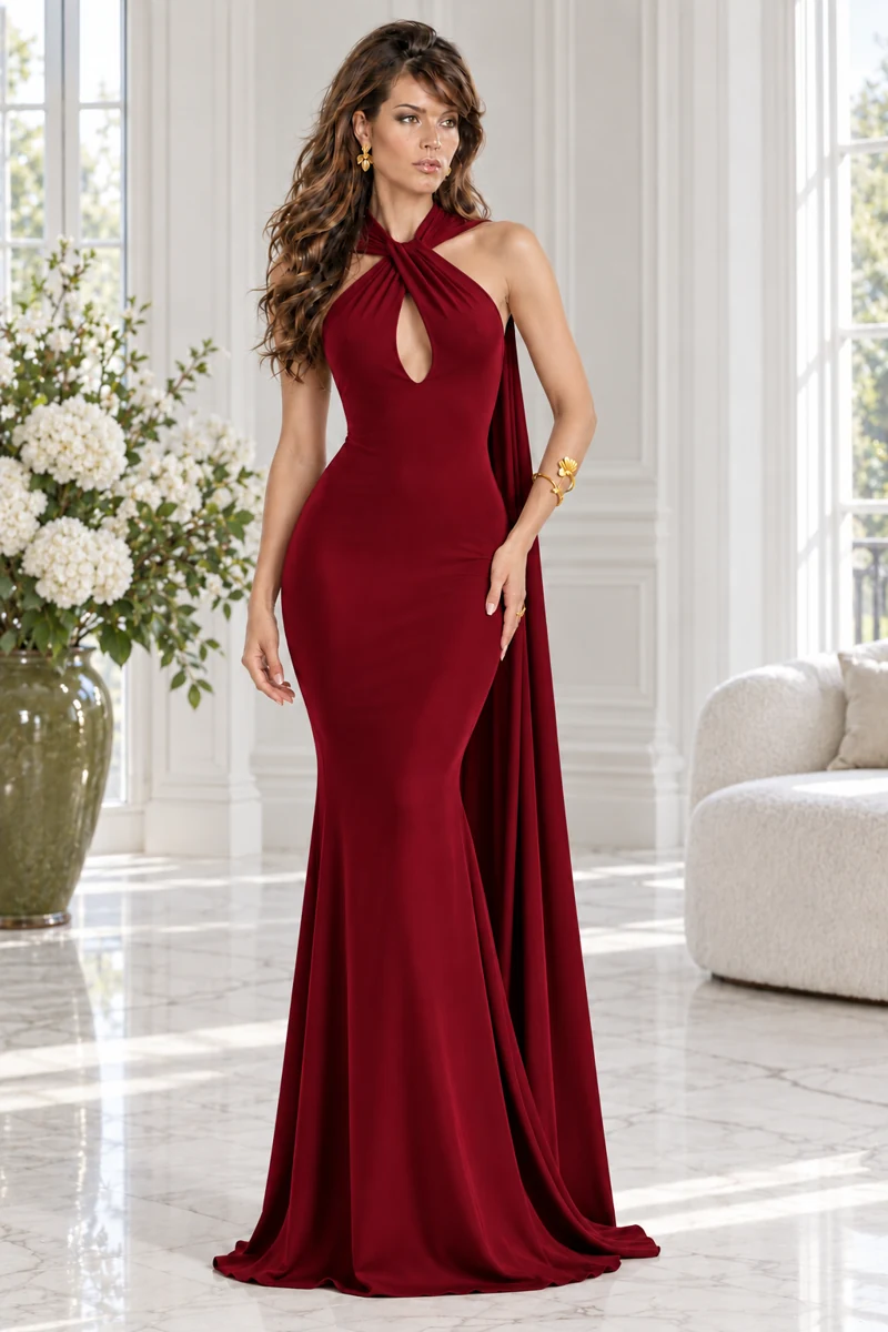 Rubis Drapé: Dark-red crepe, crossed halter neckline, fitted skirt, primary view — Josephine Boutique