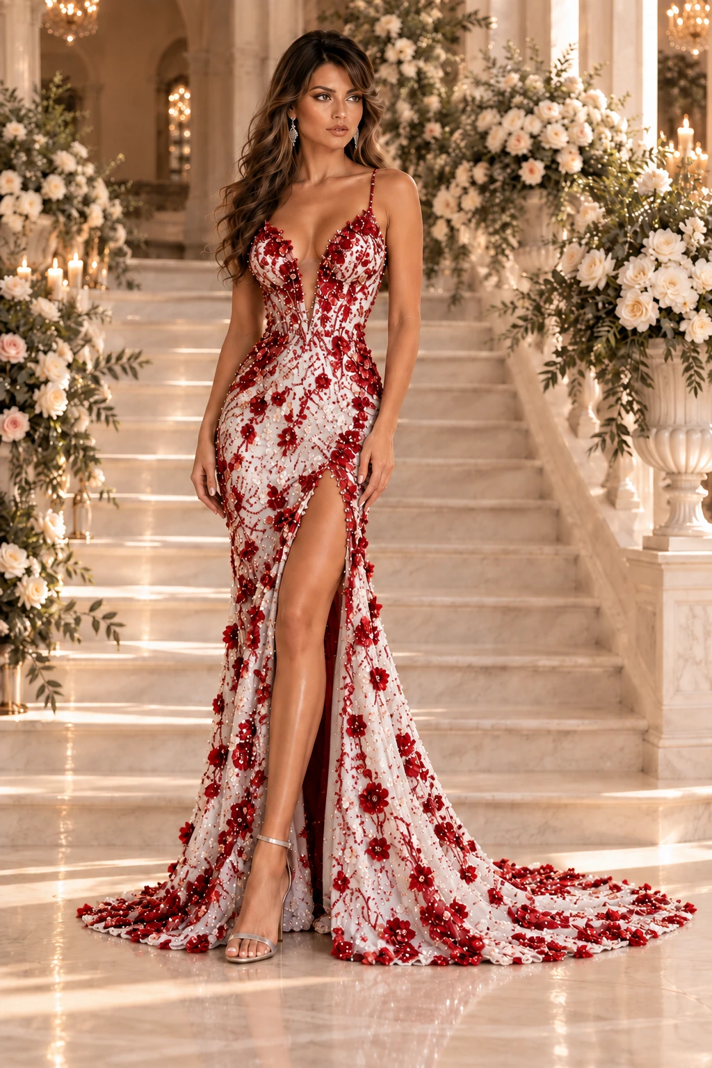 Rubis et Ivoire de Versailles: Ivory and ruby florals, illusion V-neck, side slit, primary view — Josephine Boutique