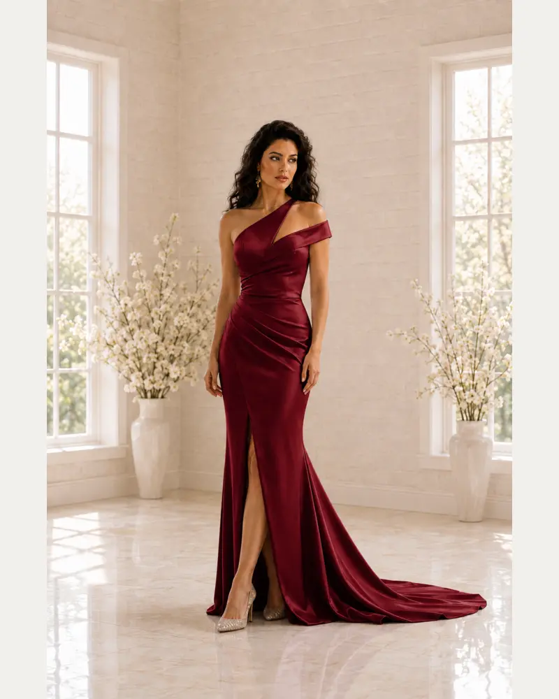 Rubis Impérial: Deep-ruby satin, sculpted mermaid gown, asymmetric off-shoulder neckline, primary view — Josephine Boutique