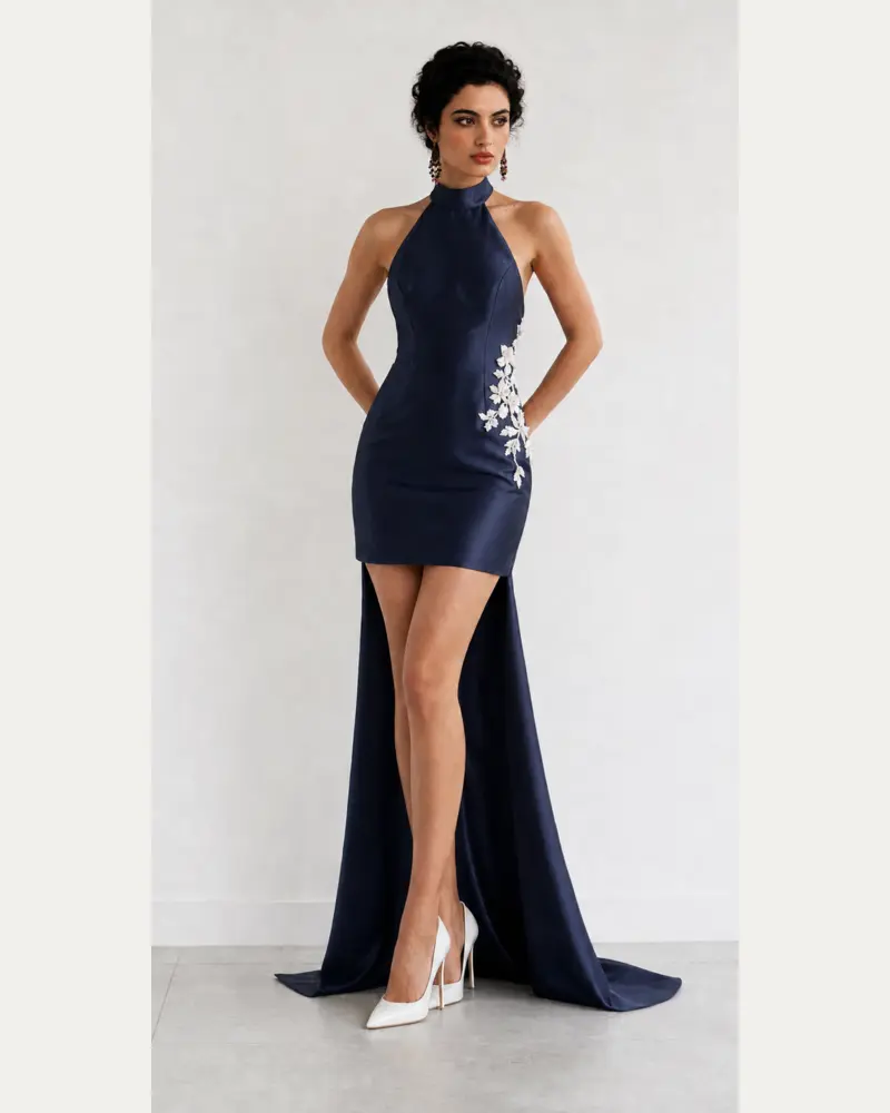 Saphir Étoilé: Midnight-navy crepe, high-low column gown, halter neckline, primary view — Josephine Boutique