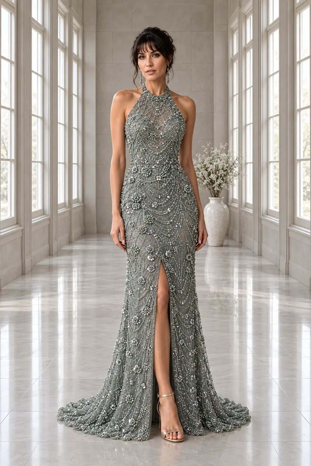 Sauge Céleste: Sage-grey crystal beadwork, sculpted column gown, halter neckline, primary view — Josephine Boutique