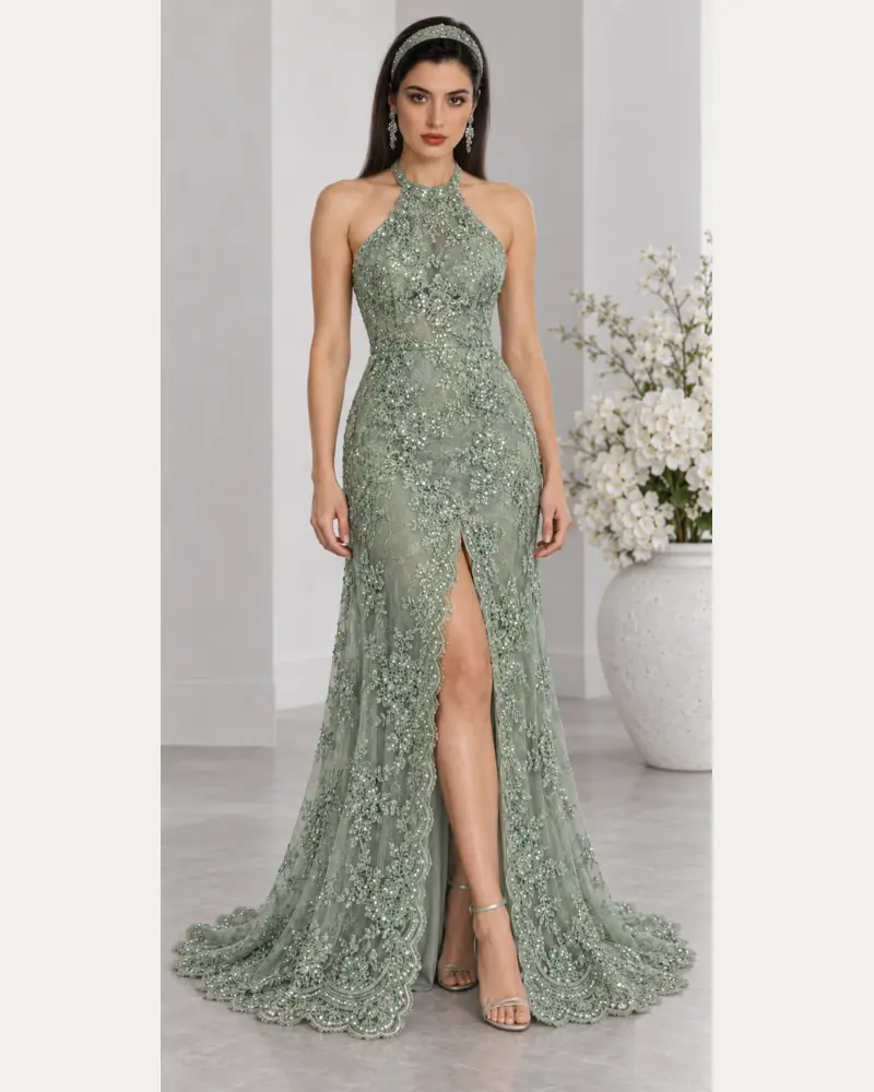 Sauge Dentelle: Sage embroidered lace, fitted column gown, halter neckline, primary view — Josephine Boutique
