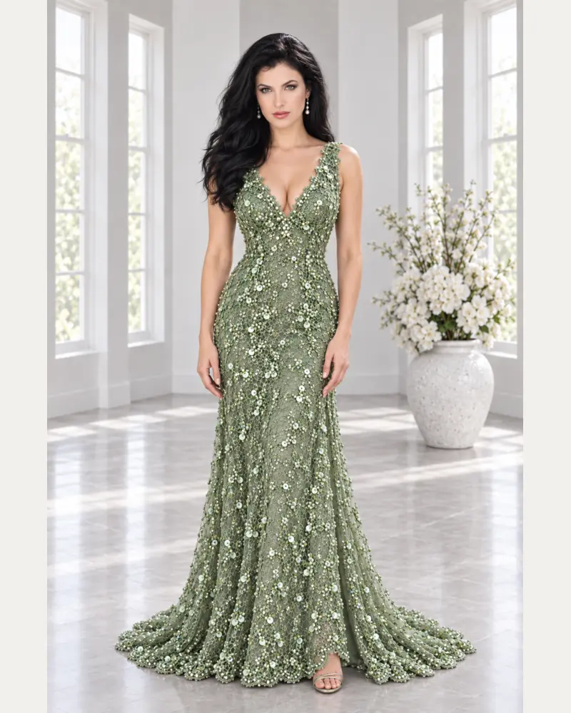 Sauge Florale: Sage floral beadwork, softly flared gown, plunging V-neckline, primary view — Josephine Boutique