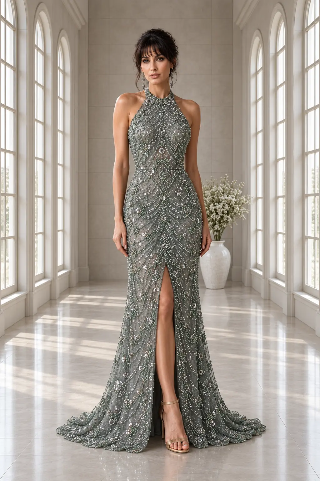 Sauge Scintillante: Deep-sage crystal mesh, fitted mermaid gown, halter neckline, primary view — Josephine Boutique