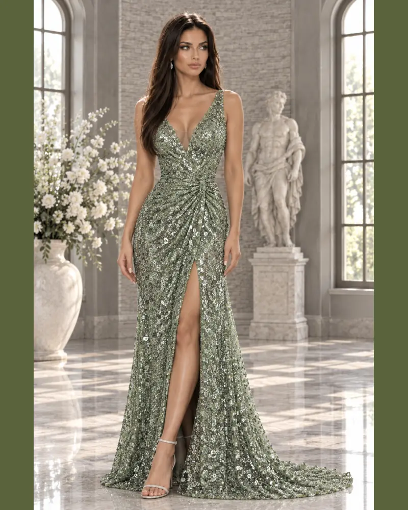 Sauge Scintillante: Sage-green sequins, draped A-line gown, illusion V-neckline, primary view — Josephine Boutique