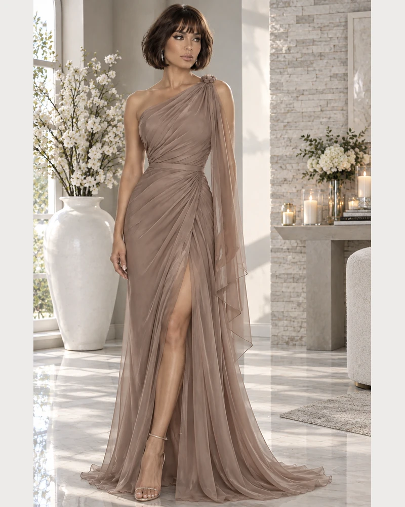 Taupe Serein: Soft-taupe satin, draped column gown, asymmetric one-shoulder neckline, primary view — Josephine Boutique