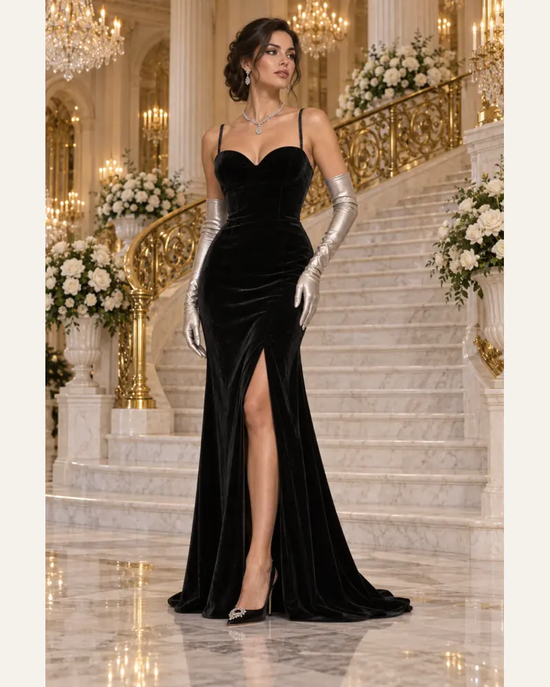 Velours de Minuit: Black velvet, fitted column gown, sweetheart neckline, primary view — Josephine Boutique