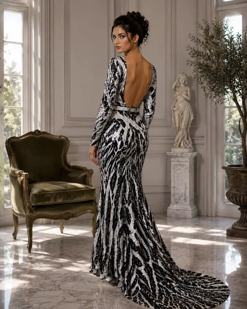 Zèbre Nocturne: Black-and-silver sequins, open-back mermaid gown, V-back neckline, primary view — Josephine Boutique