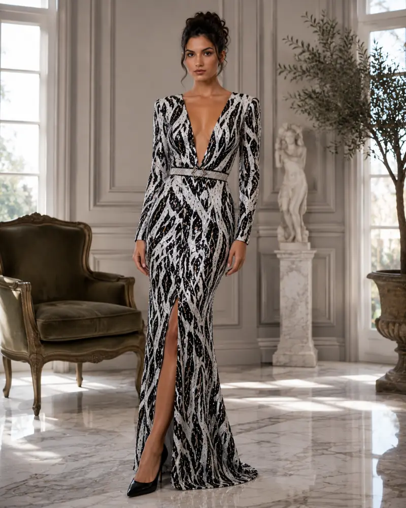 Zèbre Nocturne: Black-and-silver sequins, open-back mermaid gown, V-back neckline, primary view — Josephine Boutique
