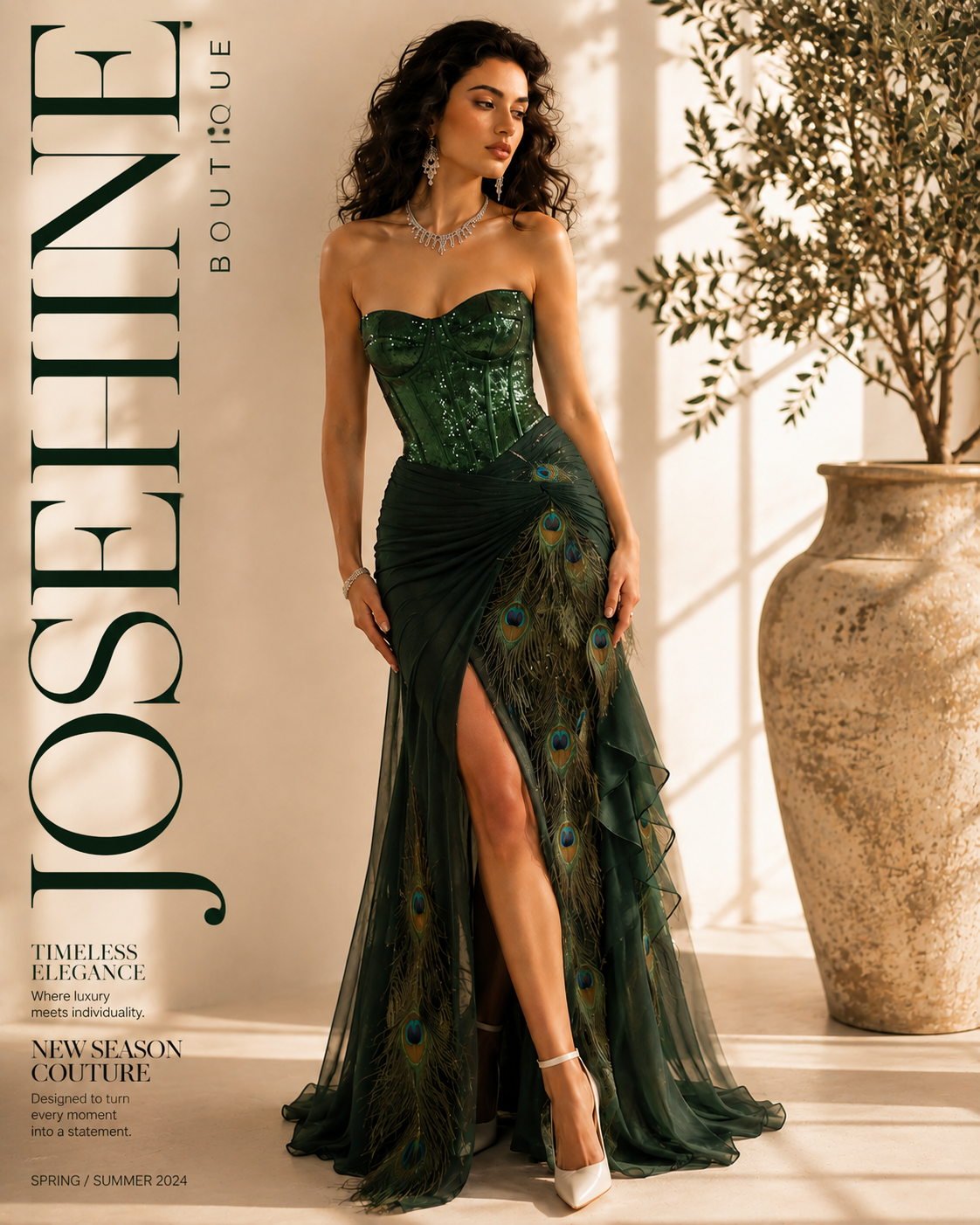 Full-length view of a woman wearing an elegant deep olive evening gown