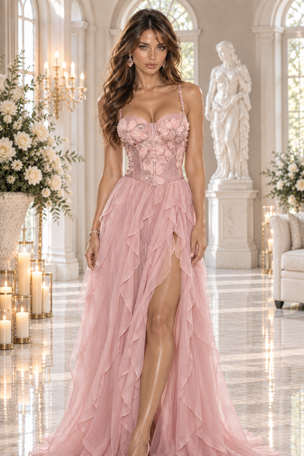 Jardin de Rosée, blush rose luxury evening gown, front view — Josephine's Boutique