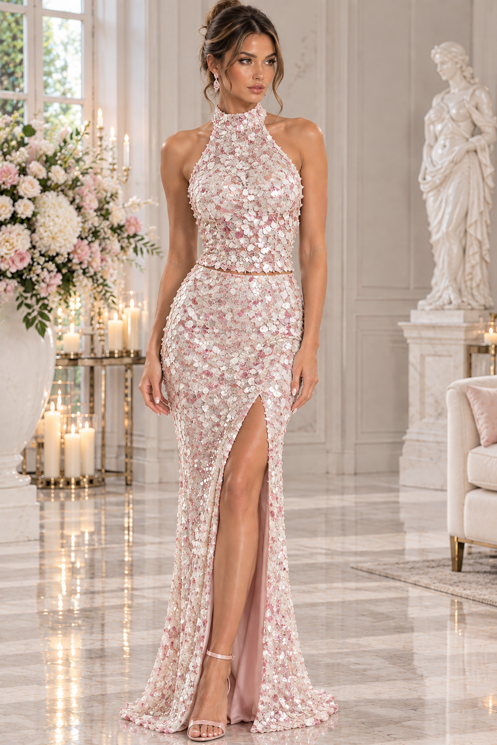 Rosée Miroir, blush pink and pearl silver luxury evening gown, front view — Josephine's Boutique