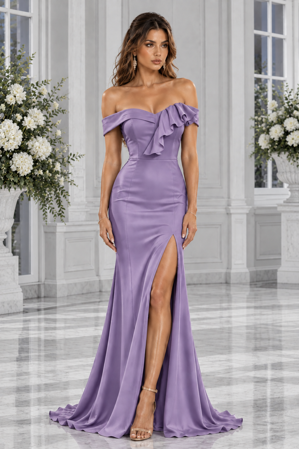 Lavande Volant, soft lavender luxury evening gown, front view — Josephine's Boutique