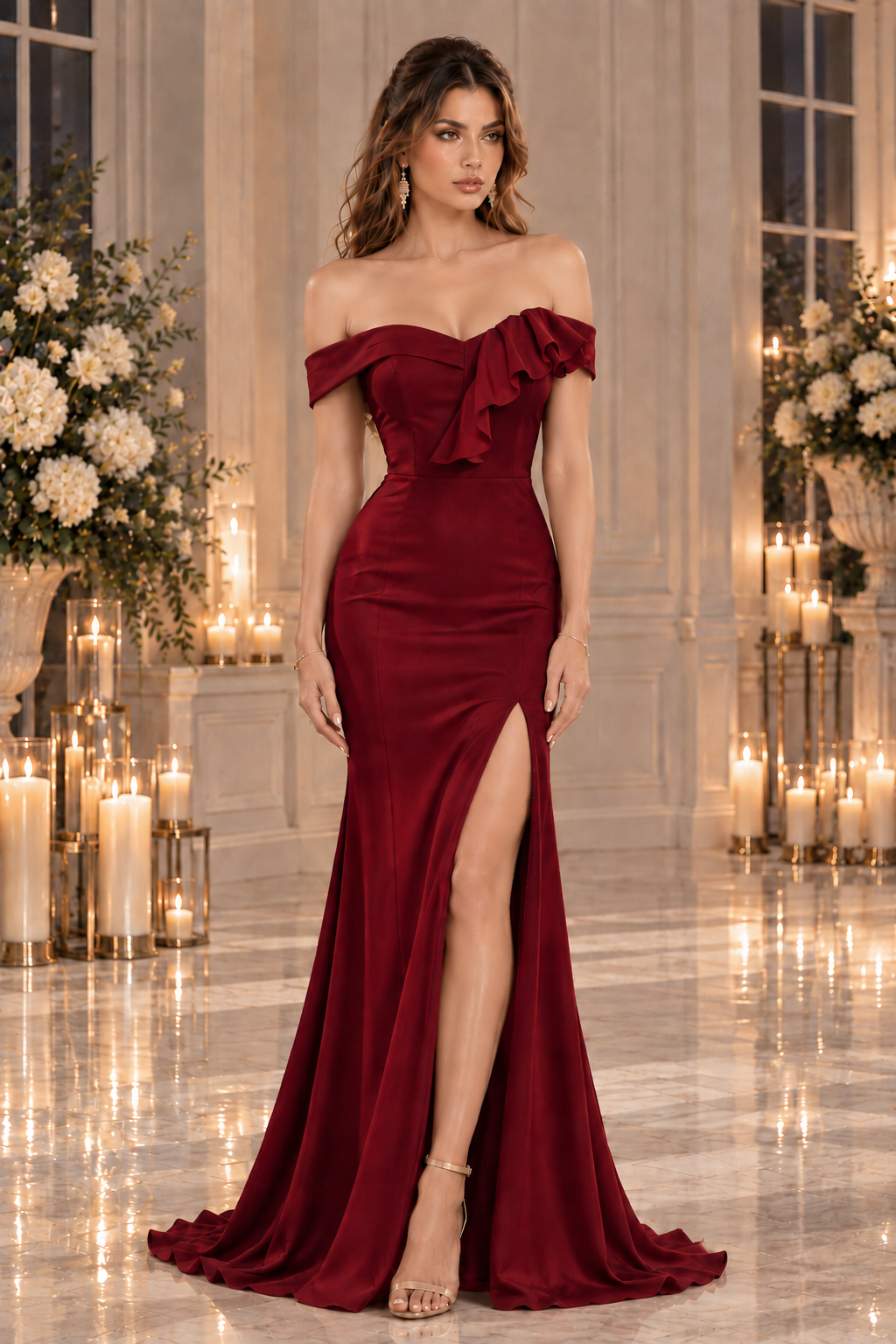 Rouge Volant, deep ruby red luxury evening gown, front view — Josephine's Boutique