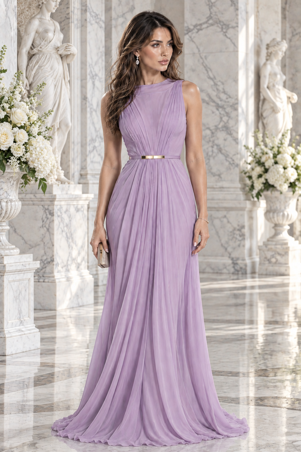 Lavande de Marbre, lavender luxury evening gown, front view — Josephine's Boutique